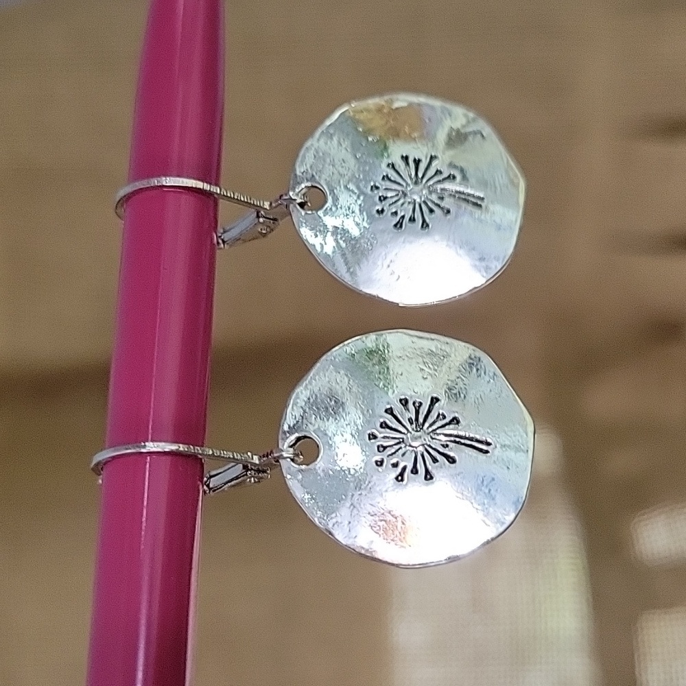 Dandelion Hammered Disc Drop Earrings - Picture 3 of 8